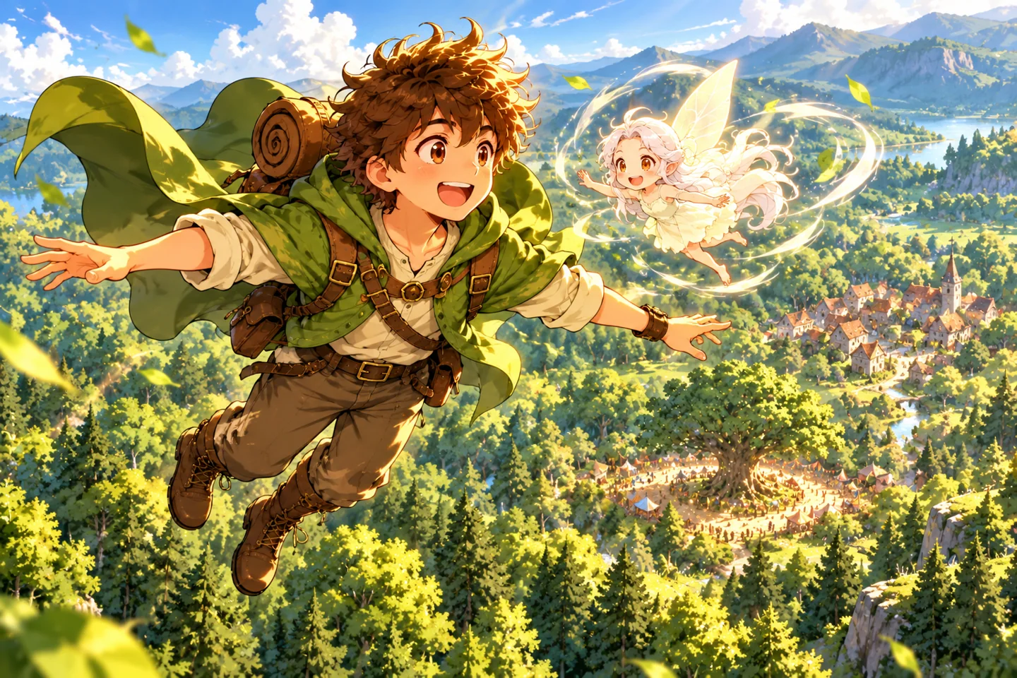The adventurer and wind sprite fly above the forest and village.