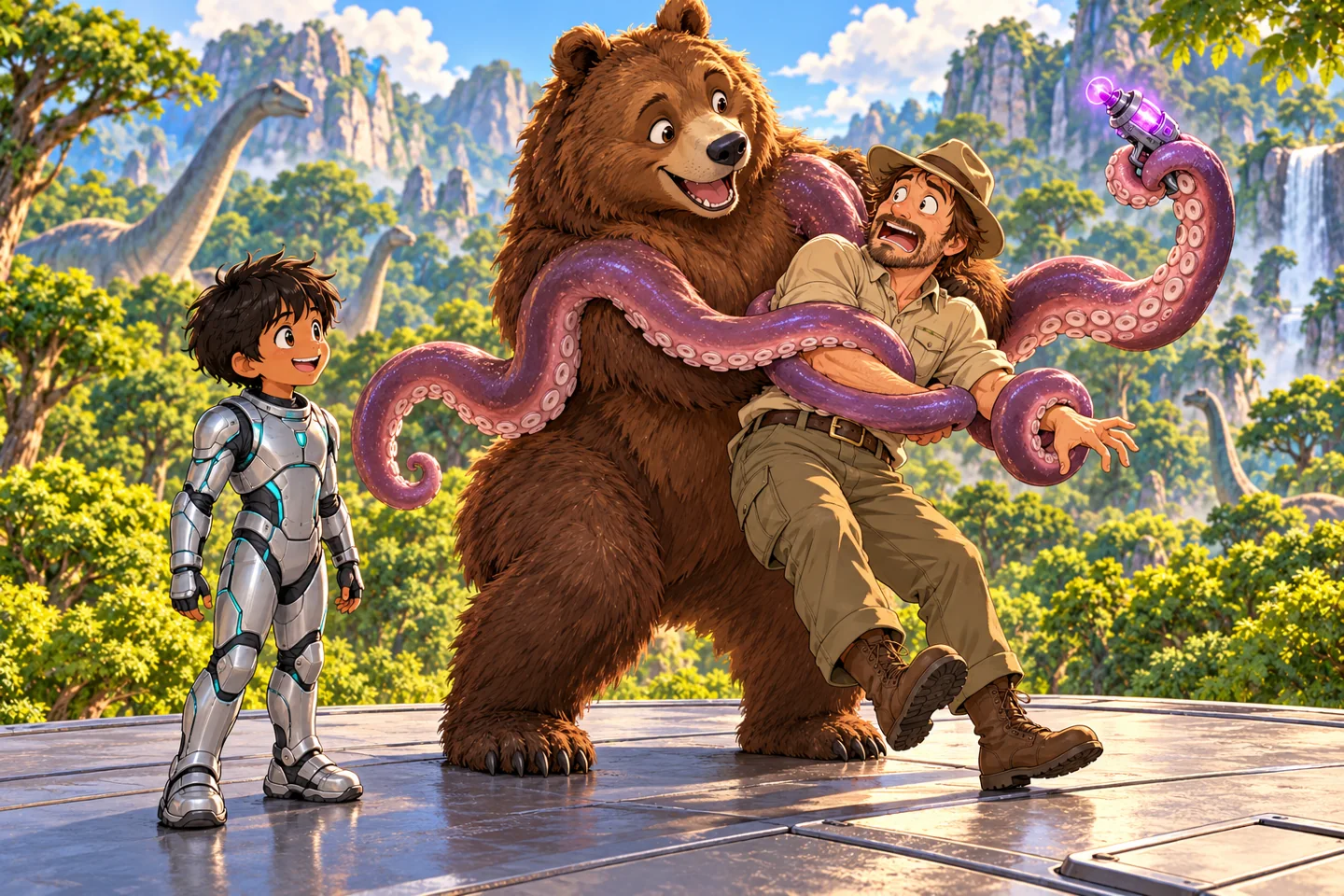 Changer, a friendly giant bear with squid tentacles, holds the surprised Zookeeper and takes his purple ray gun while the child watches.