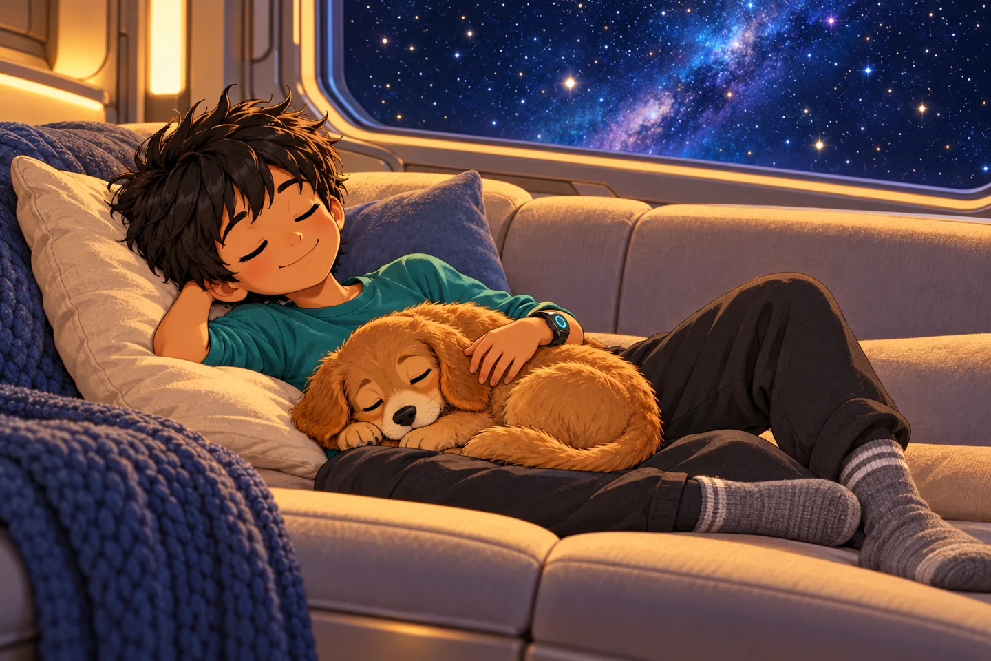 The child rests on Spaceship’s couch with Changer, now a small puppy, curled on their lap beneath a star-filled window.