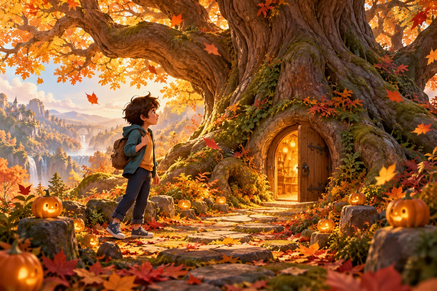 A child discovers the glowing doorway of an enormous ancient tree.