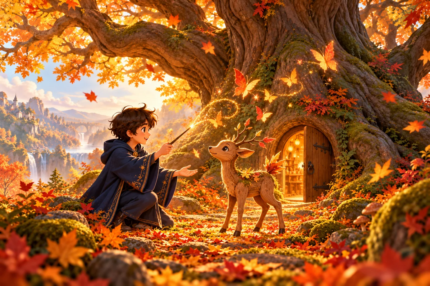 A child in wizard robes brings a little wooden deer to life.