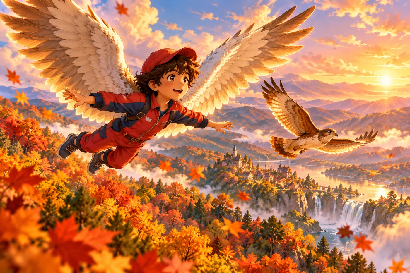 A child in a red-and-blue costume glides above the forest with great feathered wings.
