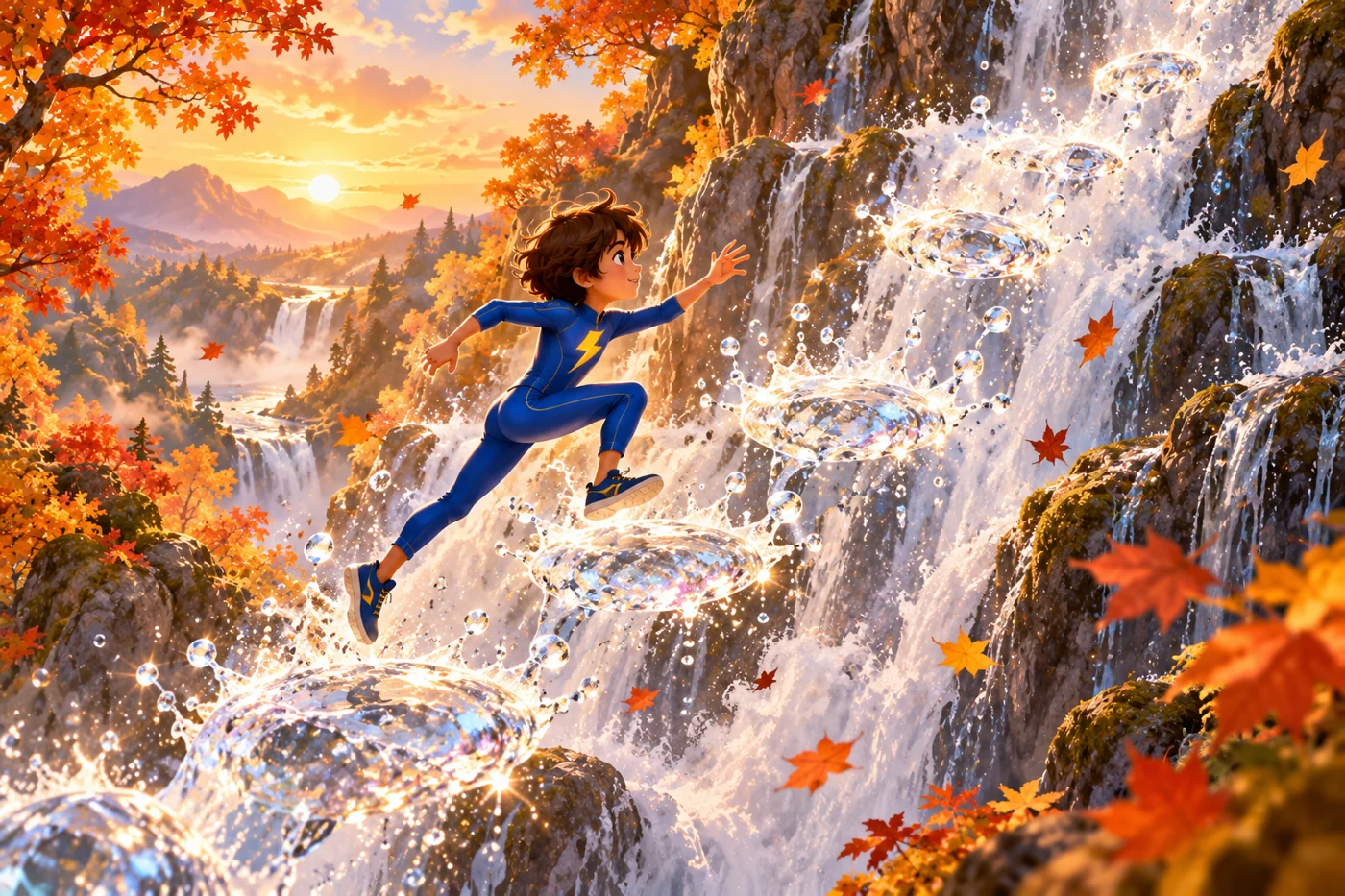 A child in a blue lightning suit races up suspended waterfall droplets.