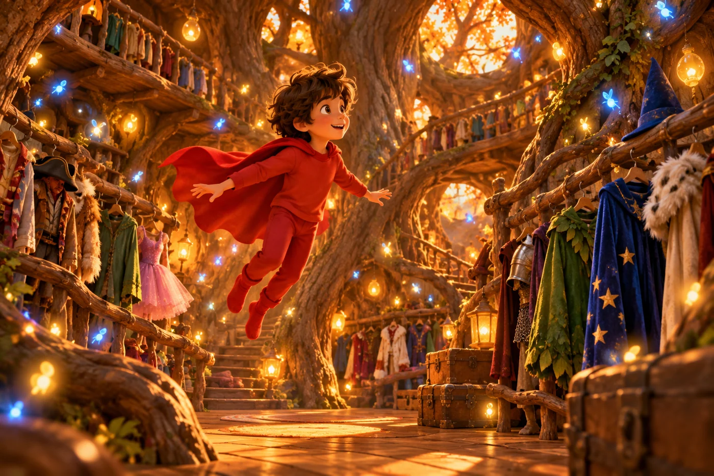 The child hovers inside the costume tree in a red superhero suit and cape.