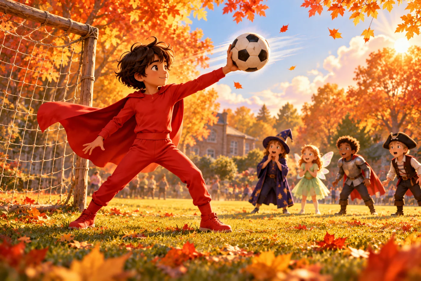 The red-caped child catches a soccer ball during a school recess game.