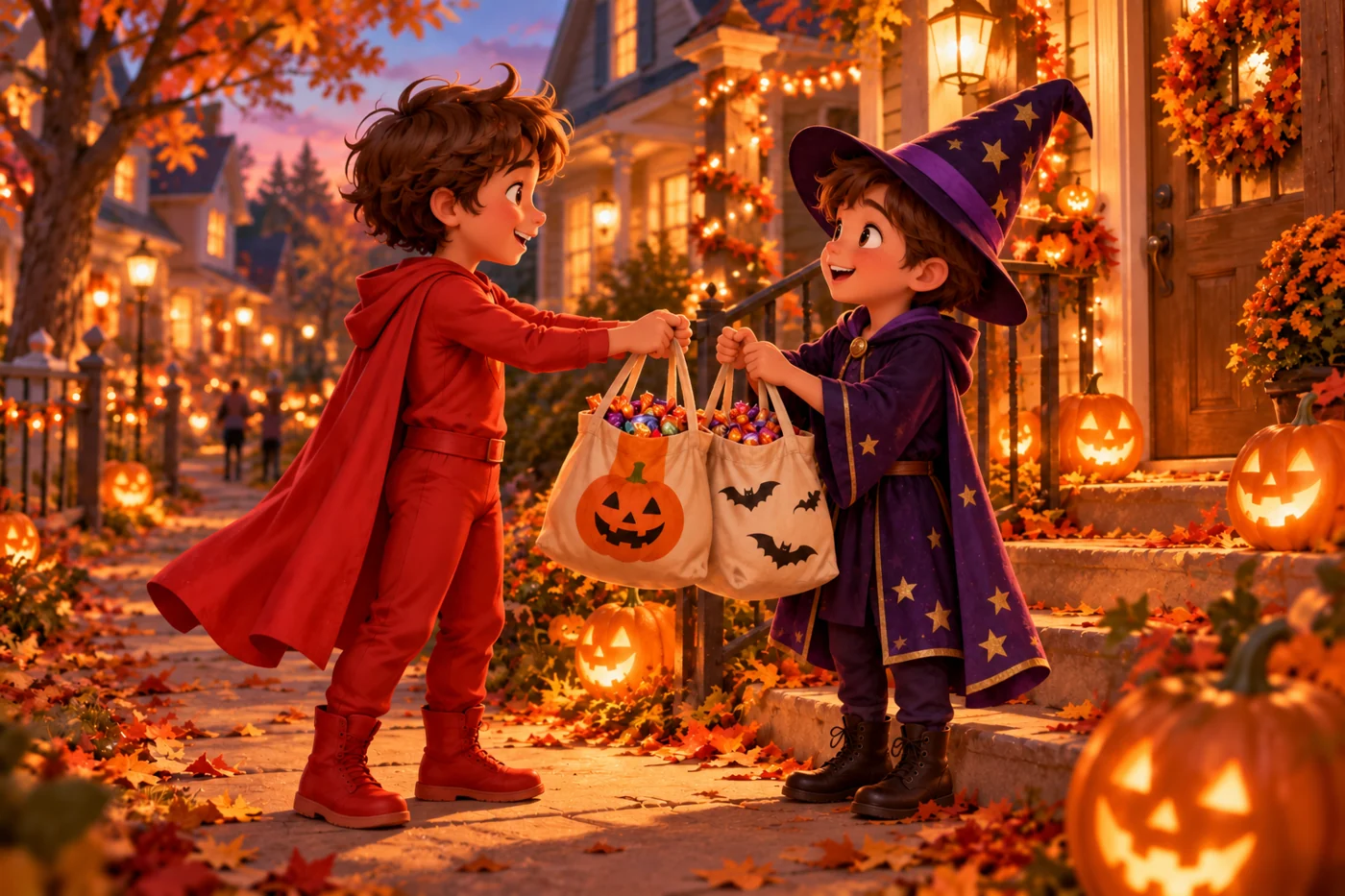 The child returns two sacks of candy to a grateful friend on Halloween night.