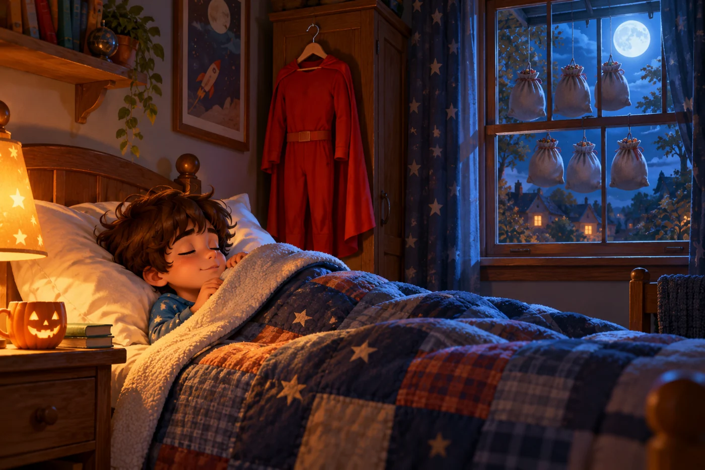 The child rests in bed with the red superhero costume hanging nearby.