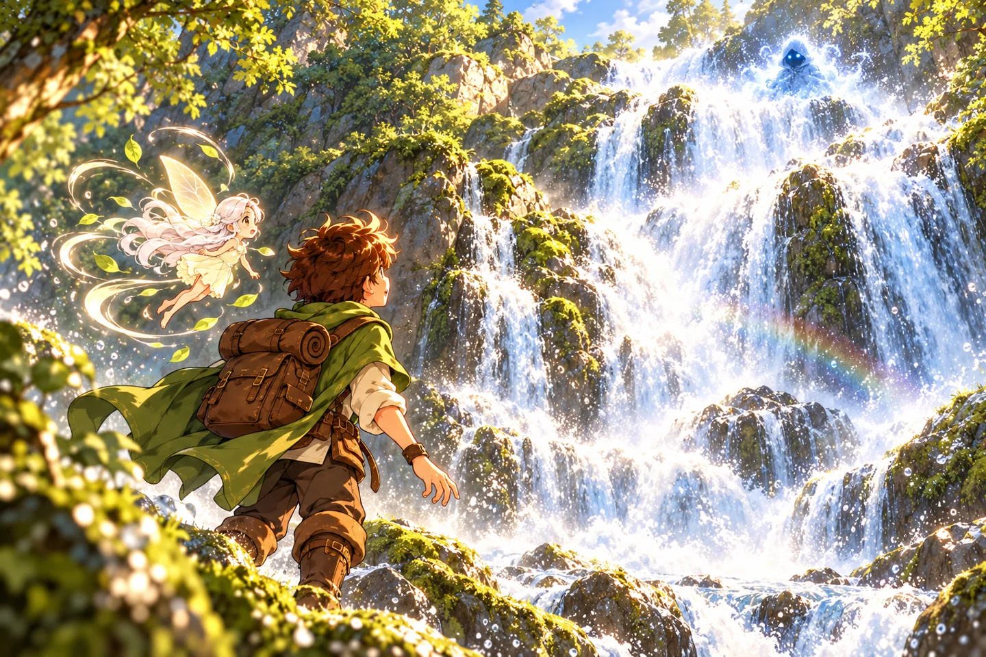 The adventurer and wind sprite follow a mist-cloaked blue creature up a sparkling waterfall.