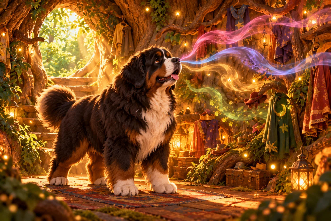A fluffy black, brown, and white Newfoundland dog sees colorful scent trails inside the costume tree.
