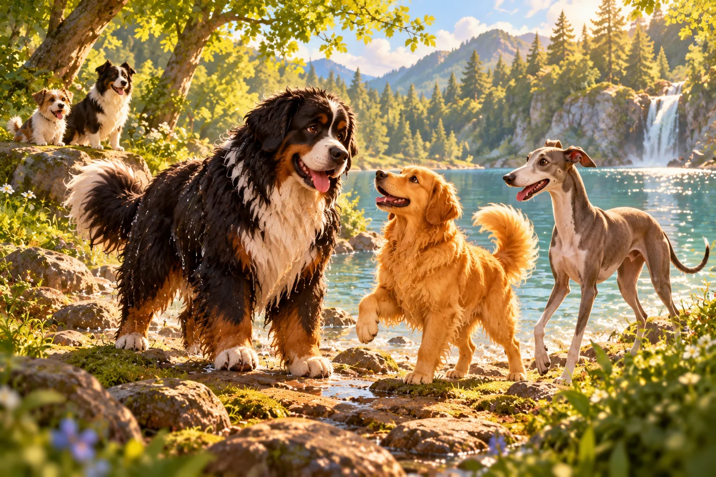 The Newfoundland dog meets Max the golden retriever and Bella the greyhound beside a forest lake.