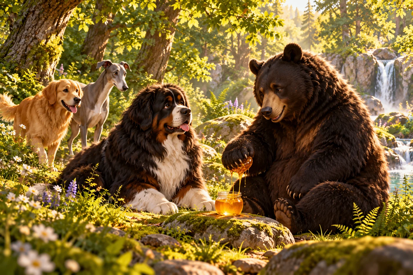 The Newfoundland dog gives a jar of honey to a grateful black bear in the forest.