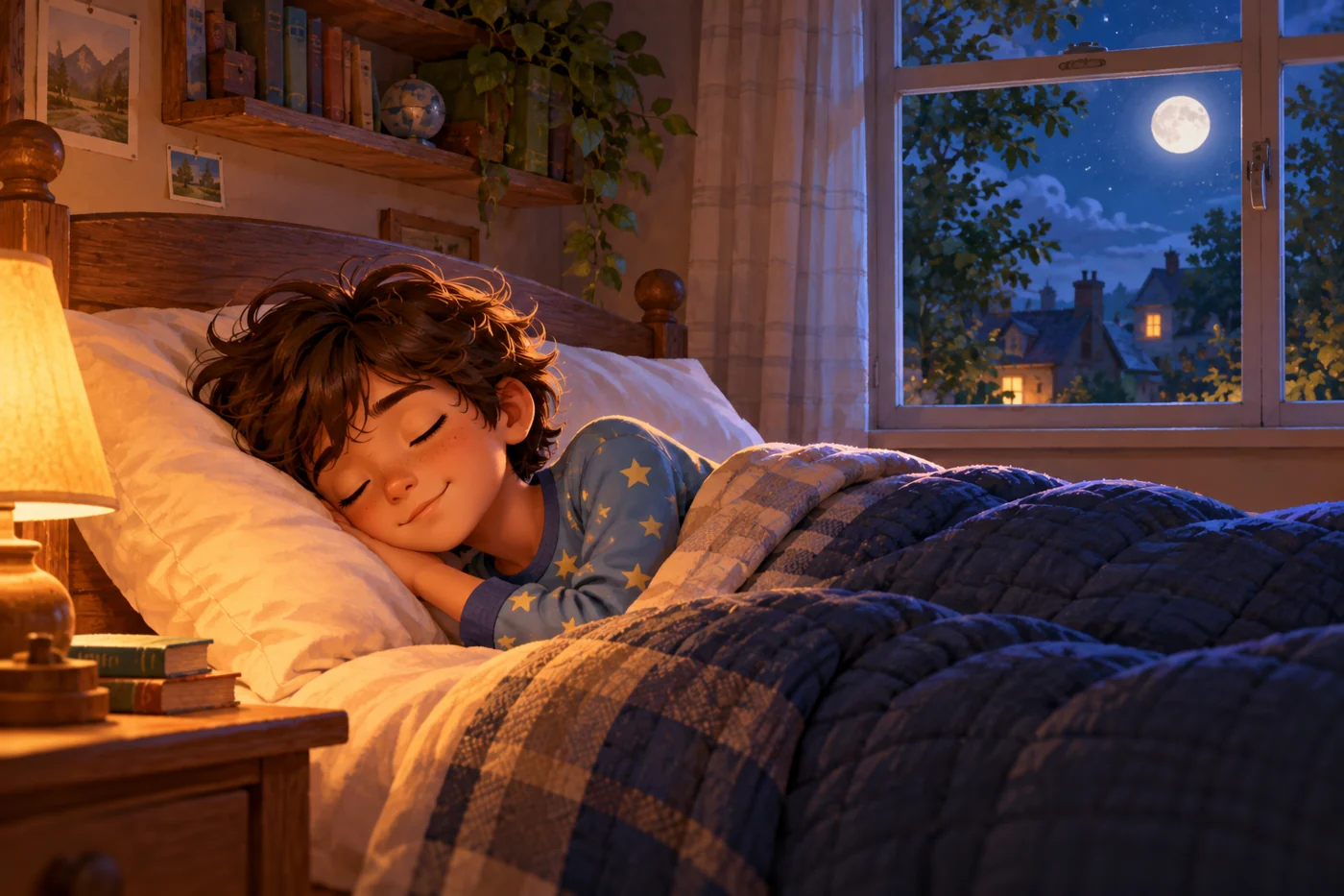Back in human form, the child relaxes in bed after the dog adventure.