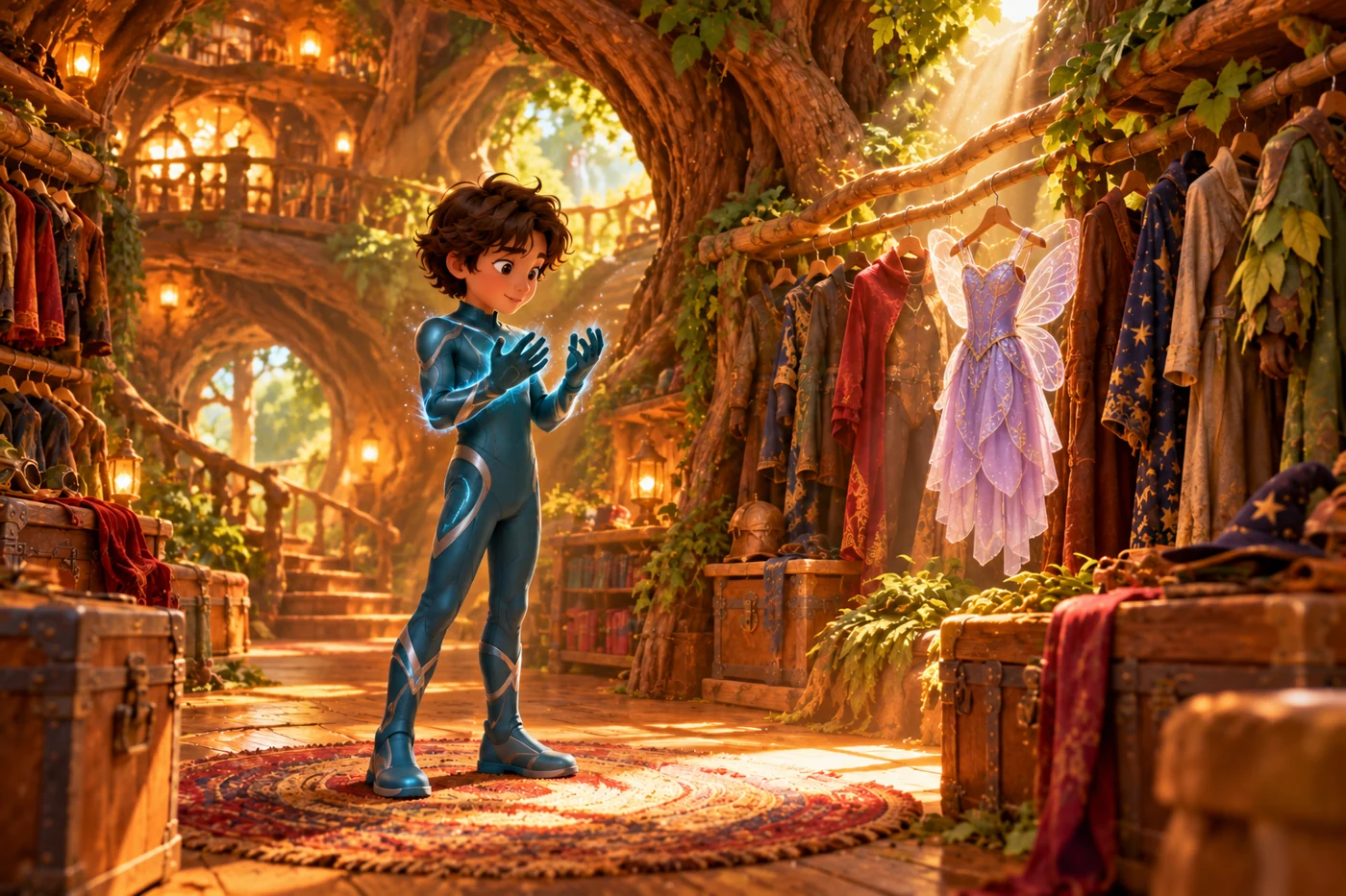 The child tries on a teal-and-silver super-speed suit inside the magical costume tree.