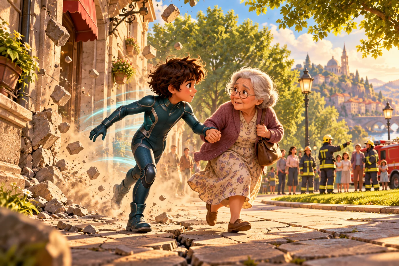The child in a super-speed suit gently guides an elderly woman to safety in the city.