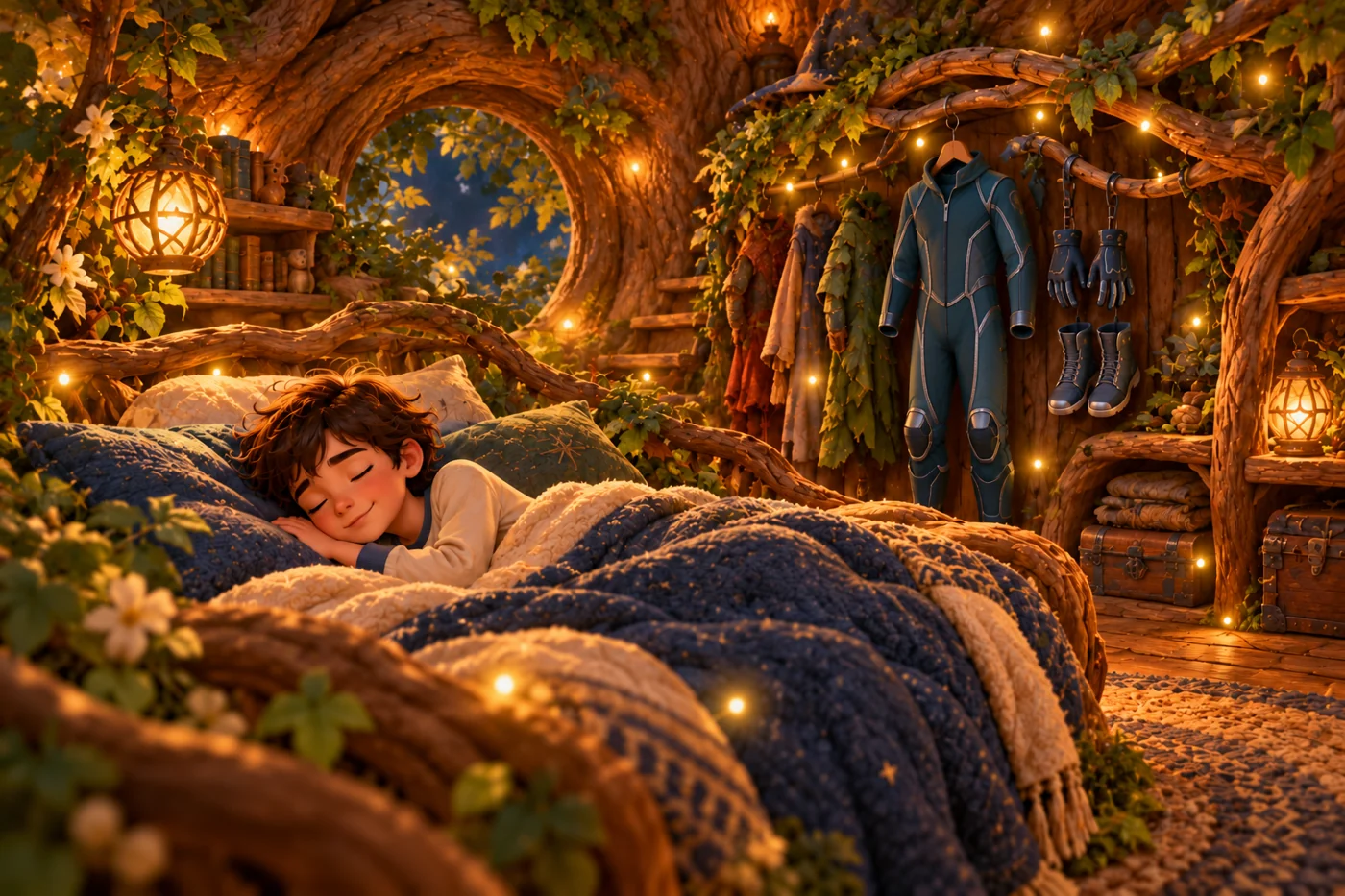 The child sleeps in a cozy bed inside the costume tree, with the speed suit hanging on a branch.