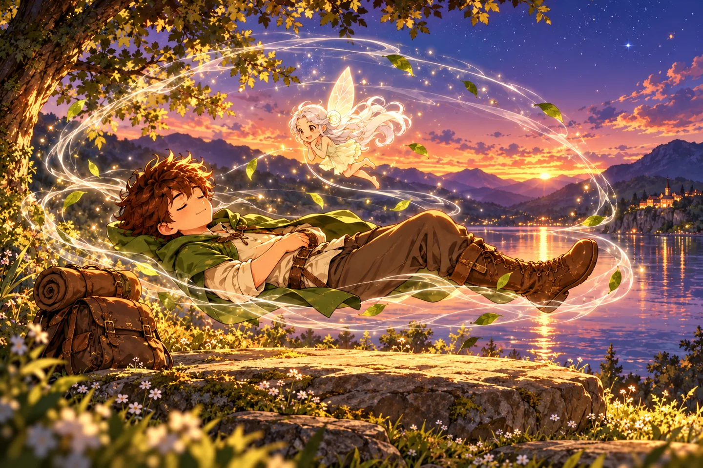 The adventurer rests on air inside a shimmering wind shelter beside the lake.
