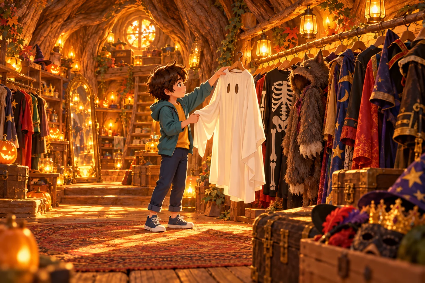 A child selects a white ghost costume inside the magical tree.