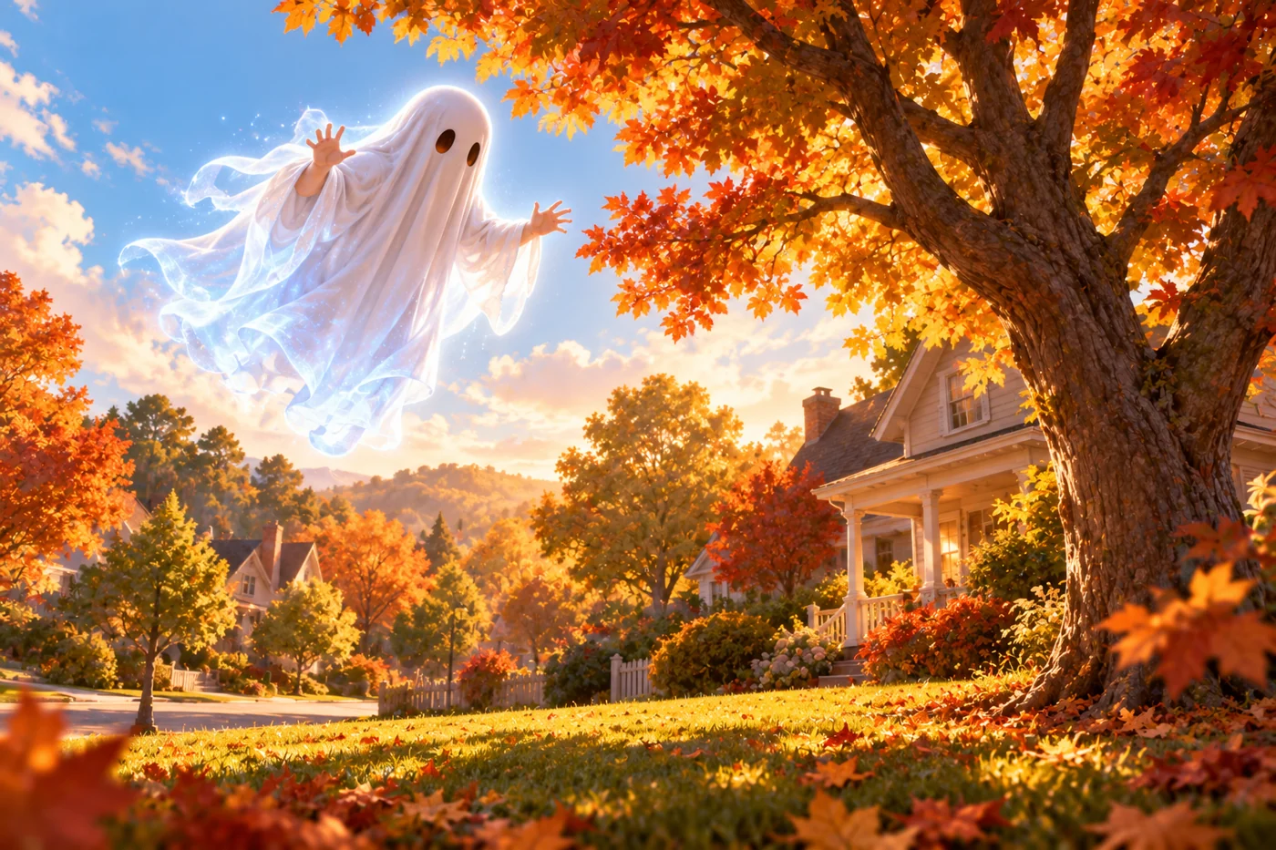 A ghost-costumed child discovers the power to float above the neighborhood.
