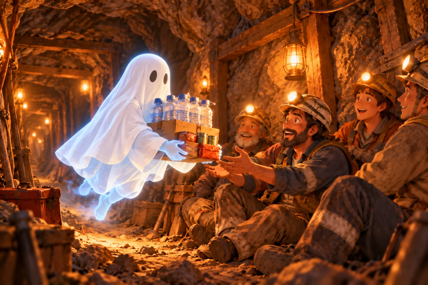 The ghost hero carries water and food through rock to trapped miners.