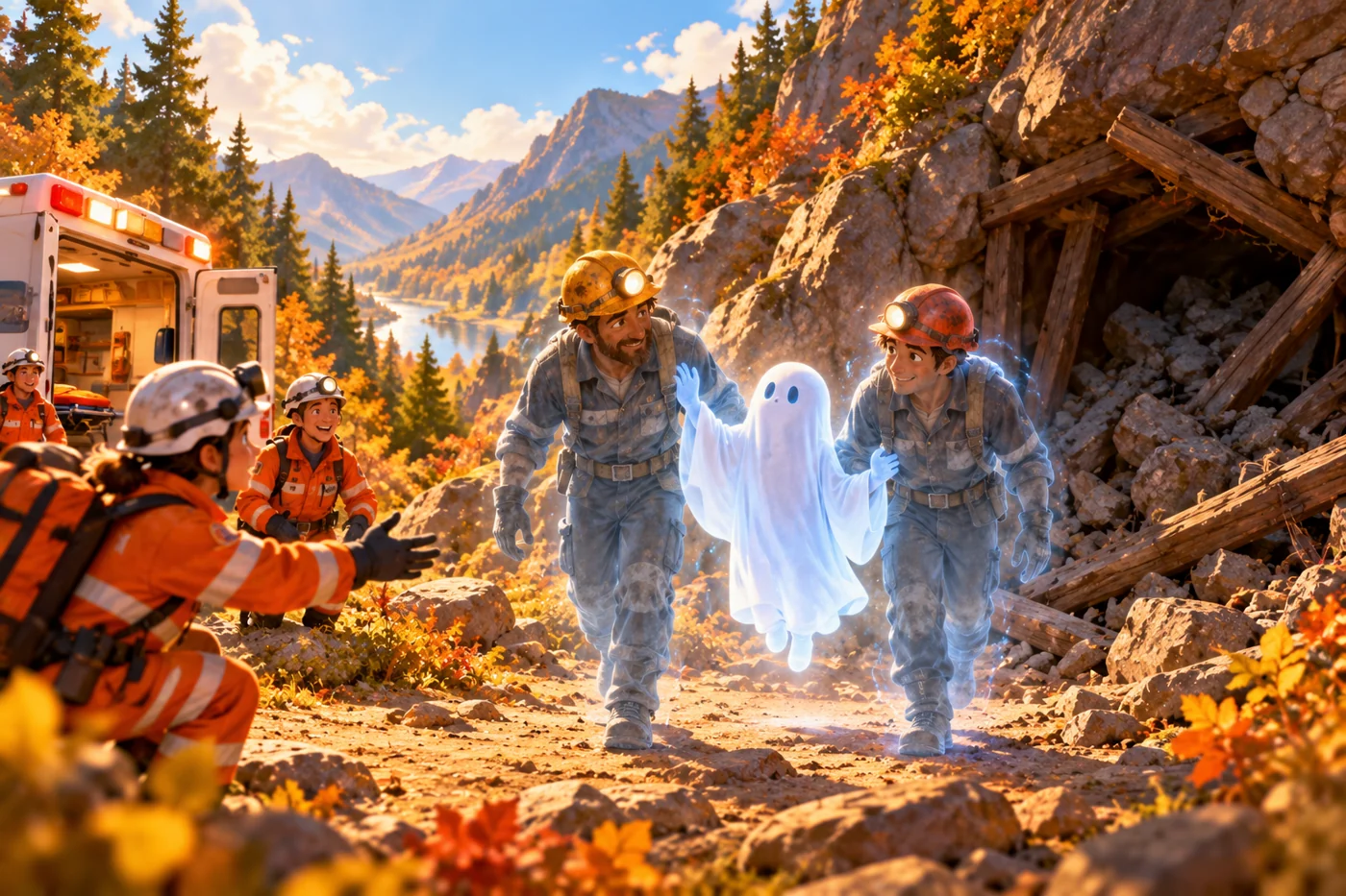 The ghost hero brings two miners safely out to the waiting rescue crew.