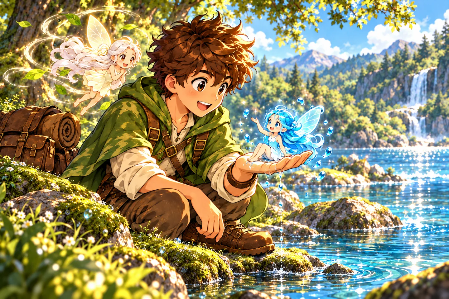 Splash settles on the adventurer’s palm while Anabelle watches beside the lake.