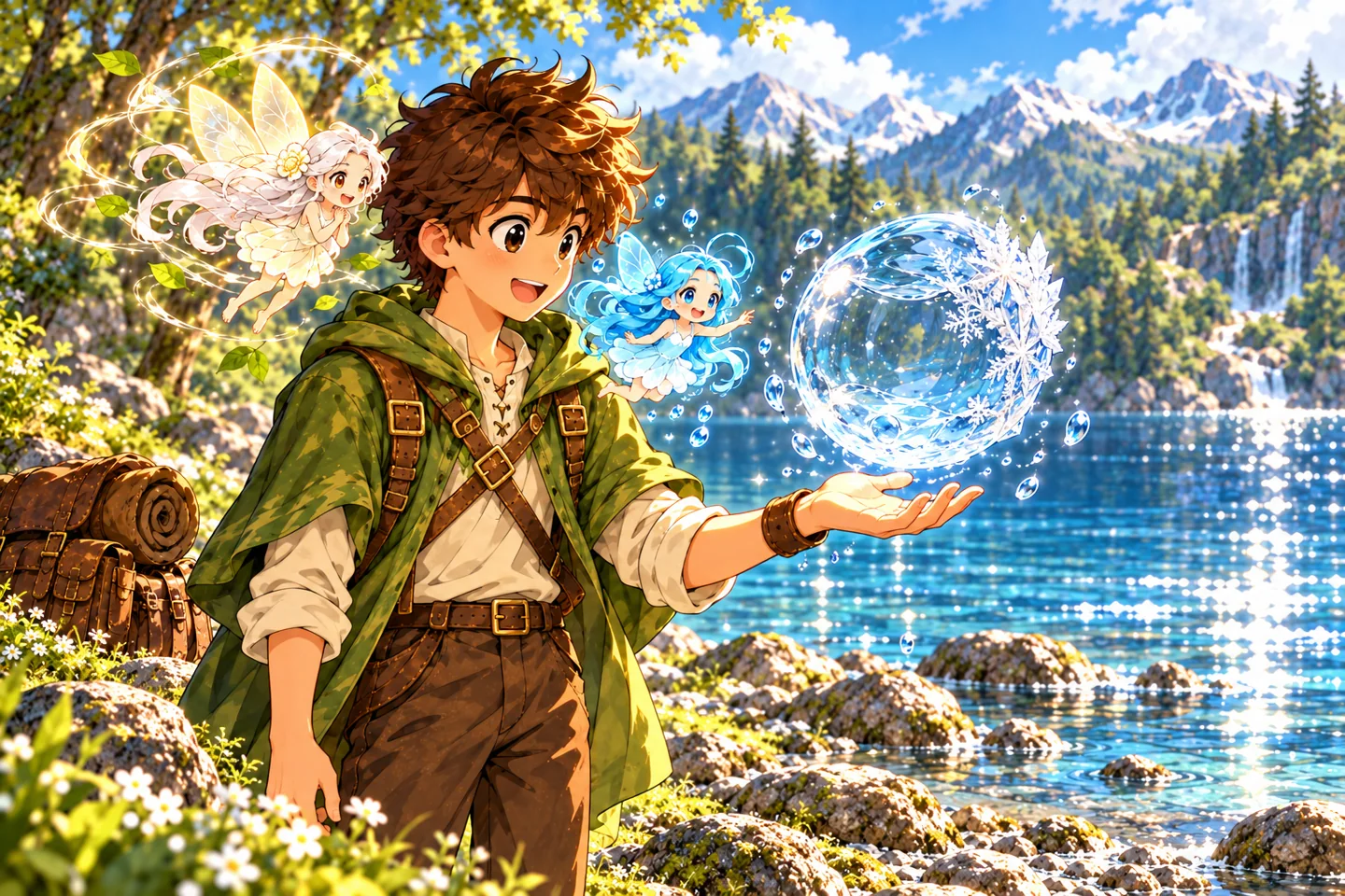The adventurer learns to freeze a floating ball of water with Splash and Anabelle nearby.