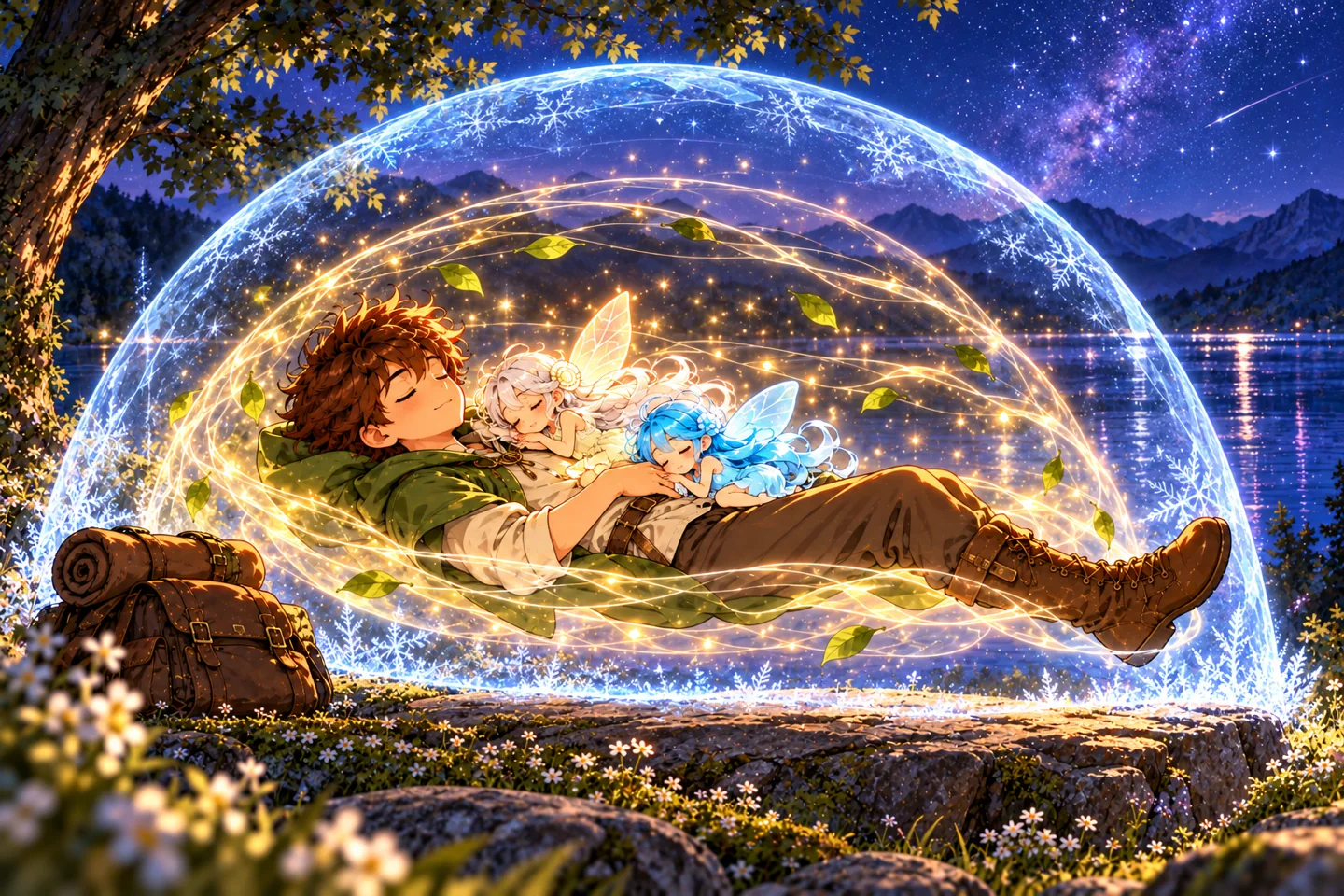 The adventurer and both sprites sleep on air inside separate wind and ice shelters.