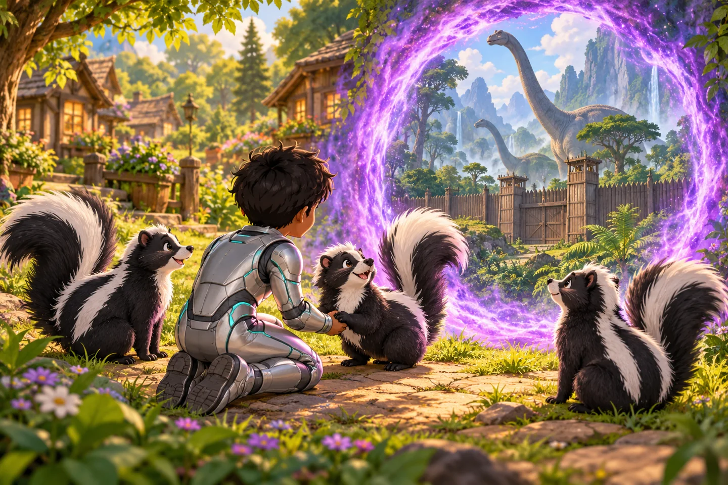 Patricia opens a shimmering purple portal to the dinosaur ranch while the armored child holds her paw and two skunks wait nearby.