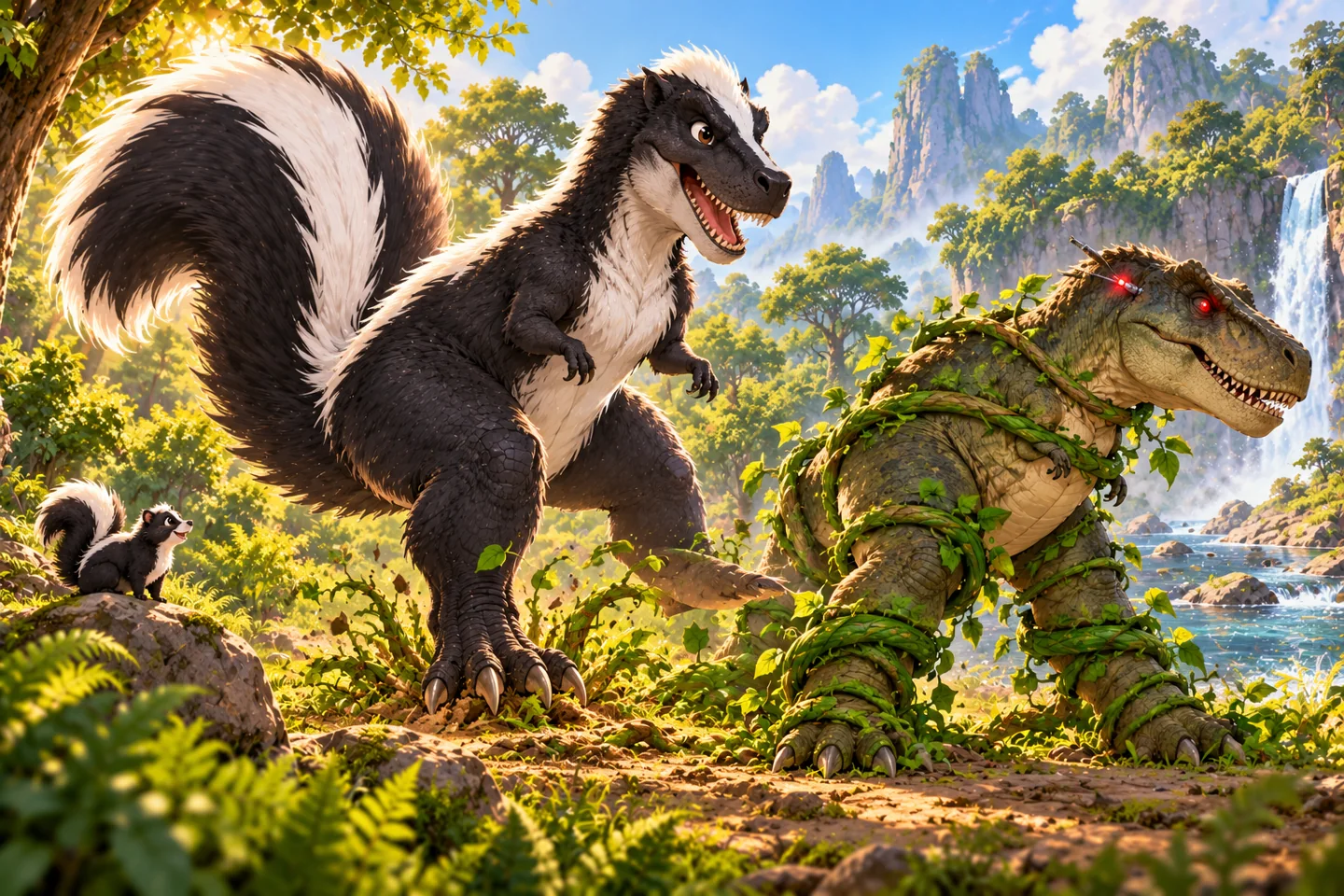 The black-and-white skunk T-Rex summons vines to hold a mind-controlled dinosaur still so its dart can be removed.