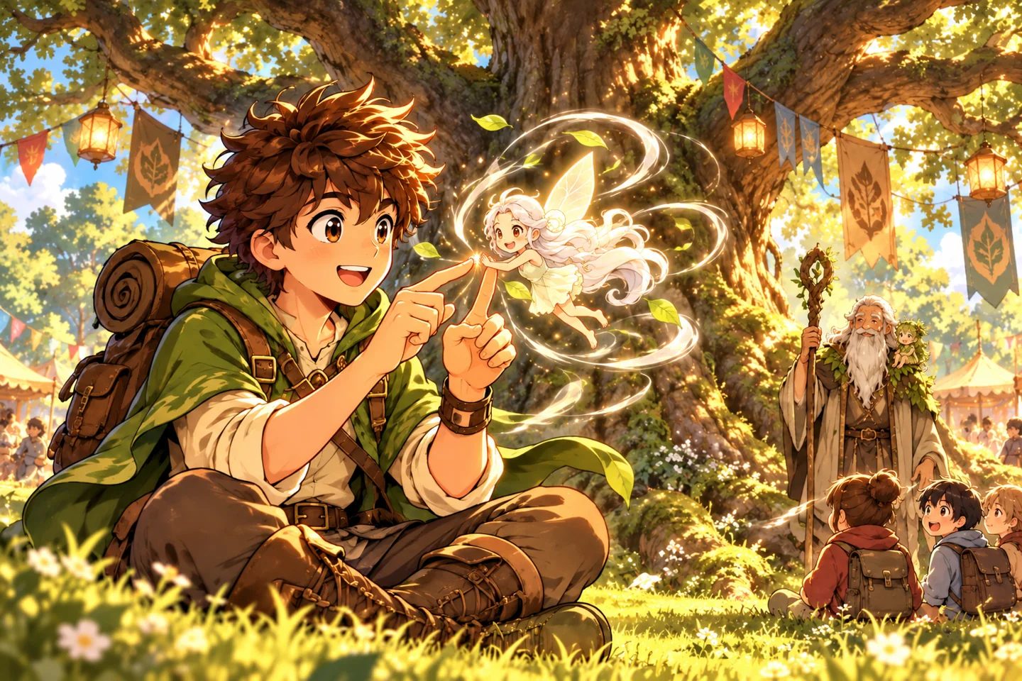 A young adventurer bonds with a tiny wind sprite beneath the festival’s enormous oak.