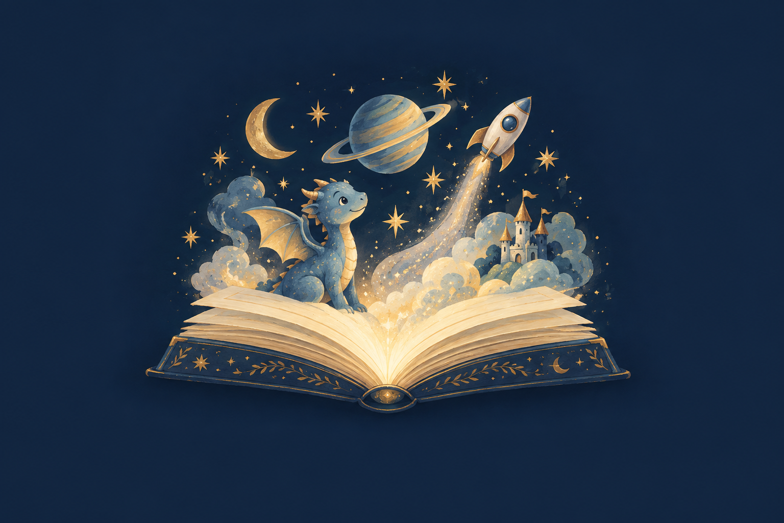 An open storybook bringing a friendly dragon, rocket, planets and golden stars to life